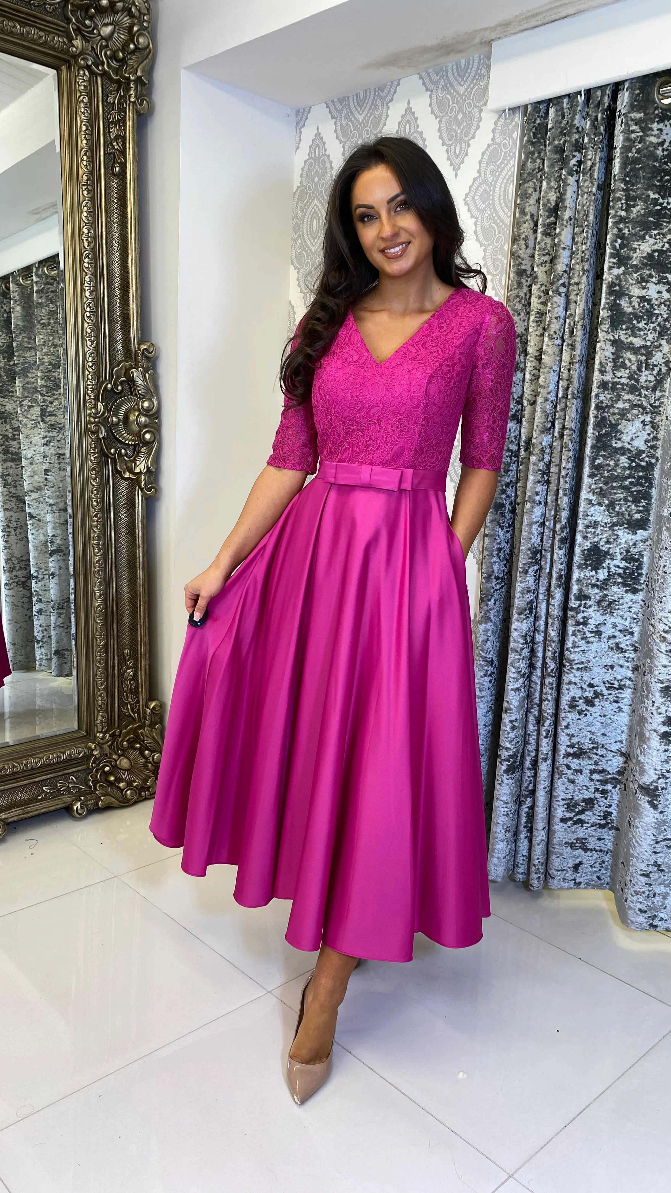 Fuschia Lace Top Skater Dress