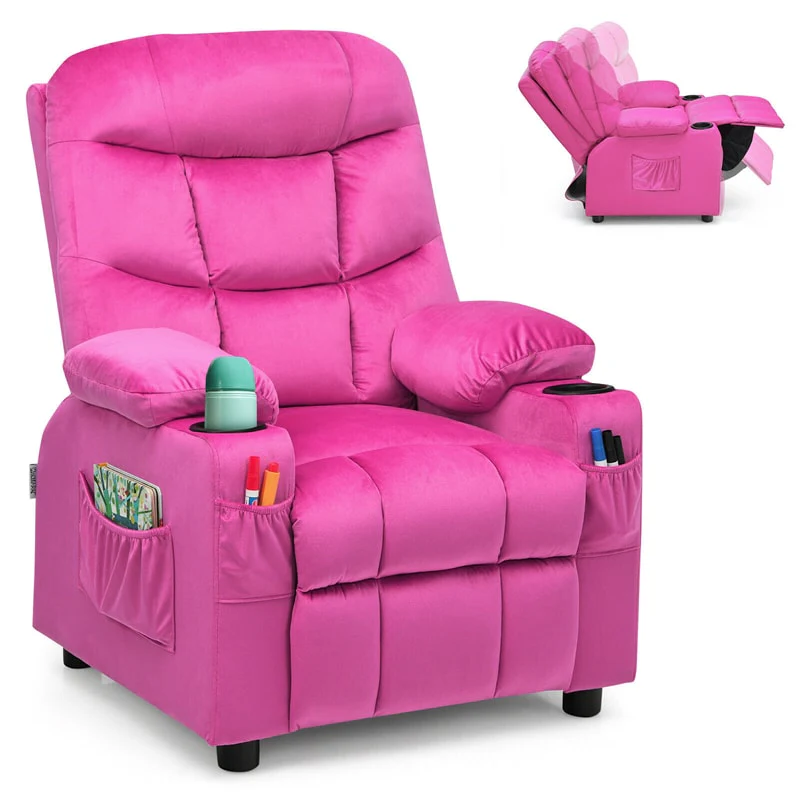 Kids Recliner Chair Adjustable Velvet Lounge Sofa with Cup Holders, 3 Pockets, Retractable Footrest, Toddler Furniture Sofa for Boys Girls Room