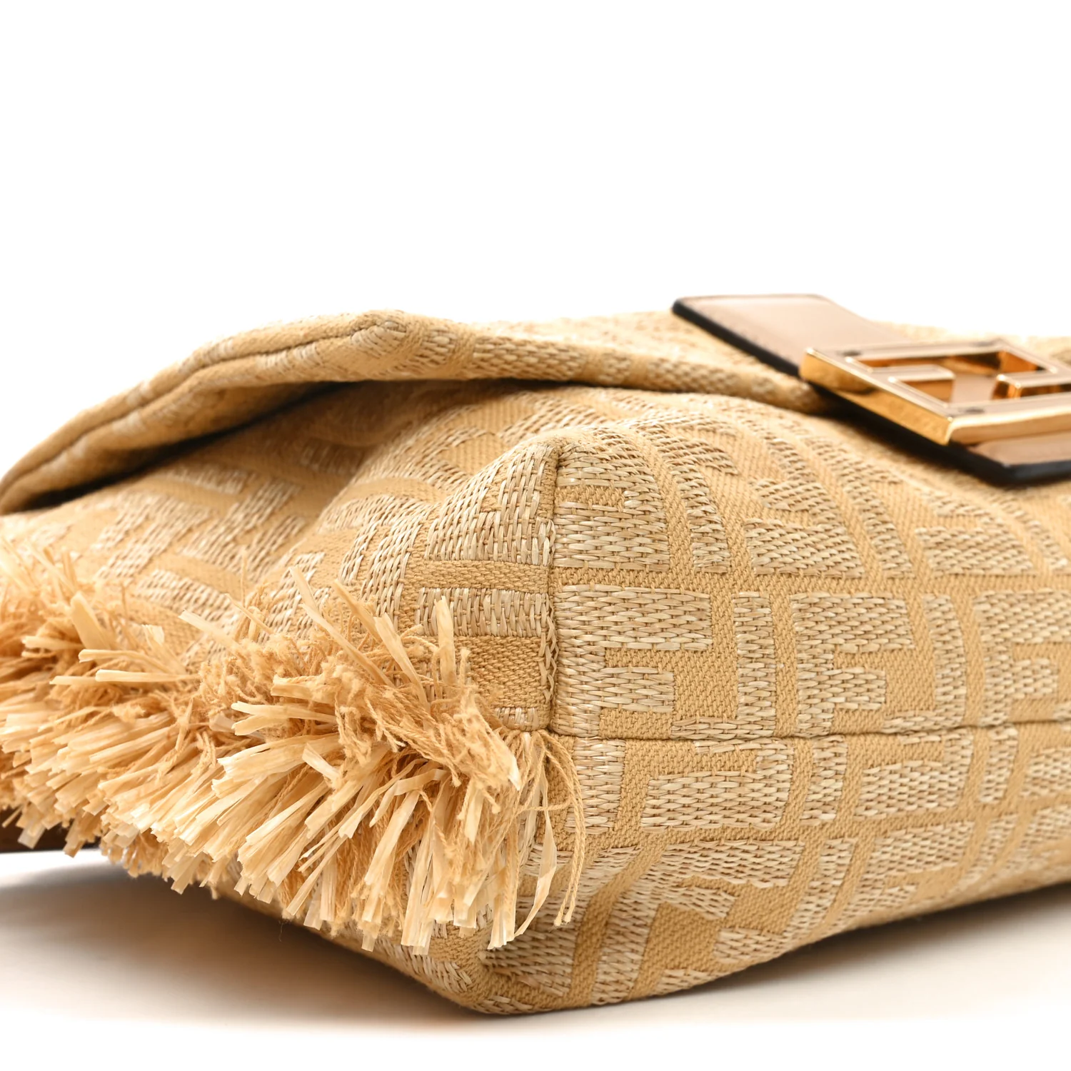 Fabric Jacquard Raffia Straw Fringe Medium Mamma Baguette Beige - Top Club
