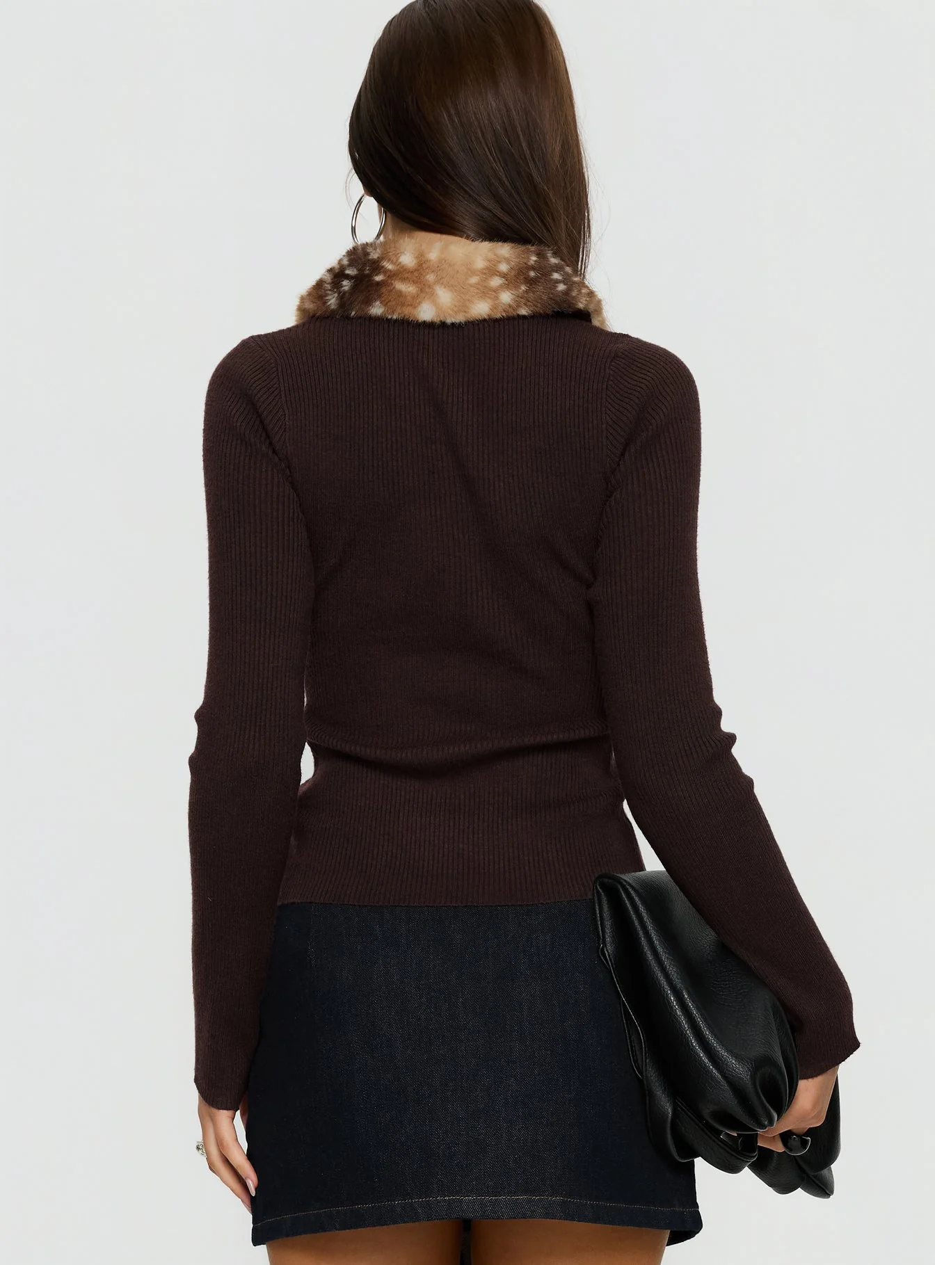 Chiqueeta Faux Fur Trim Knit Cardigan Brown