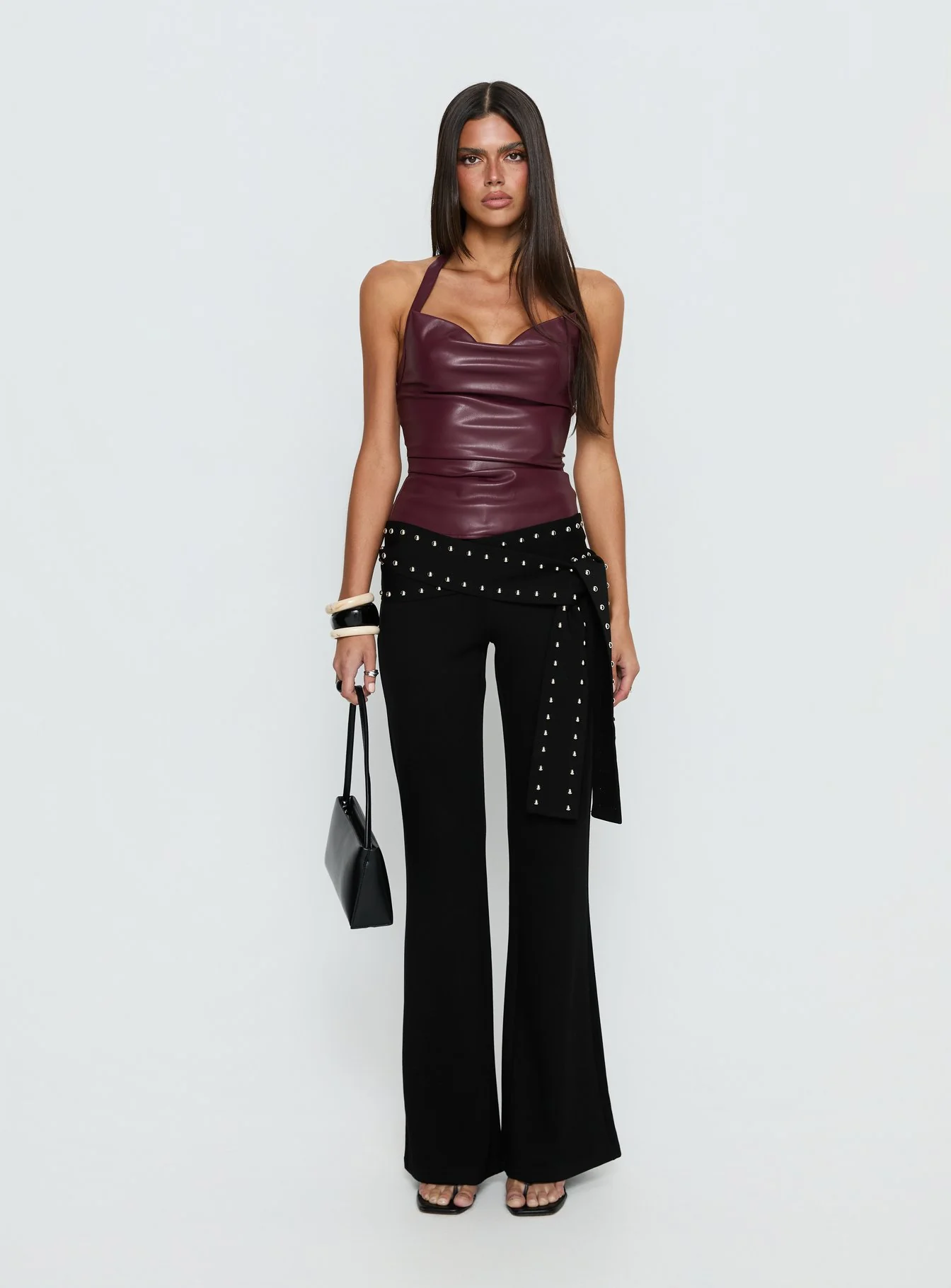 Thunderbolt Faux Leather Cowl Neck Top Plum