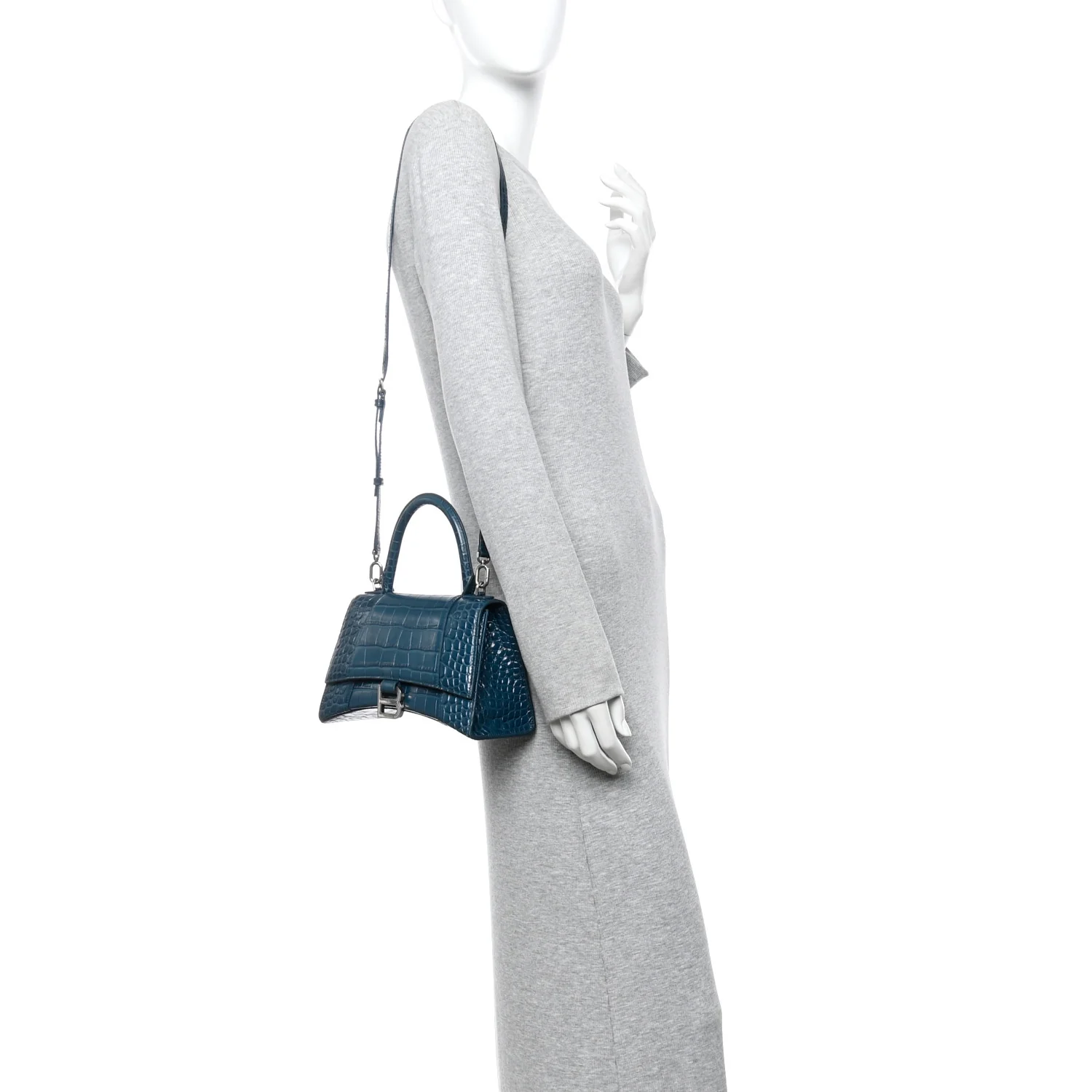 Shiny Calfskin Crocodile Embossed Small Hourglass Top Handle Bag Dark Petrol Blue