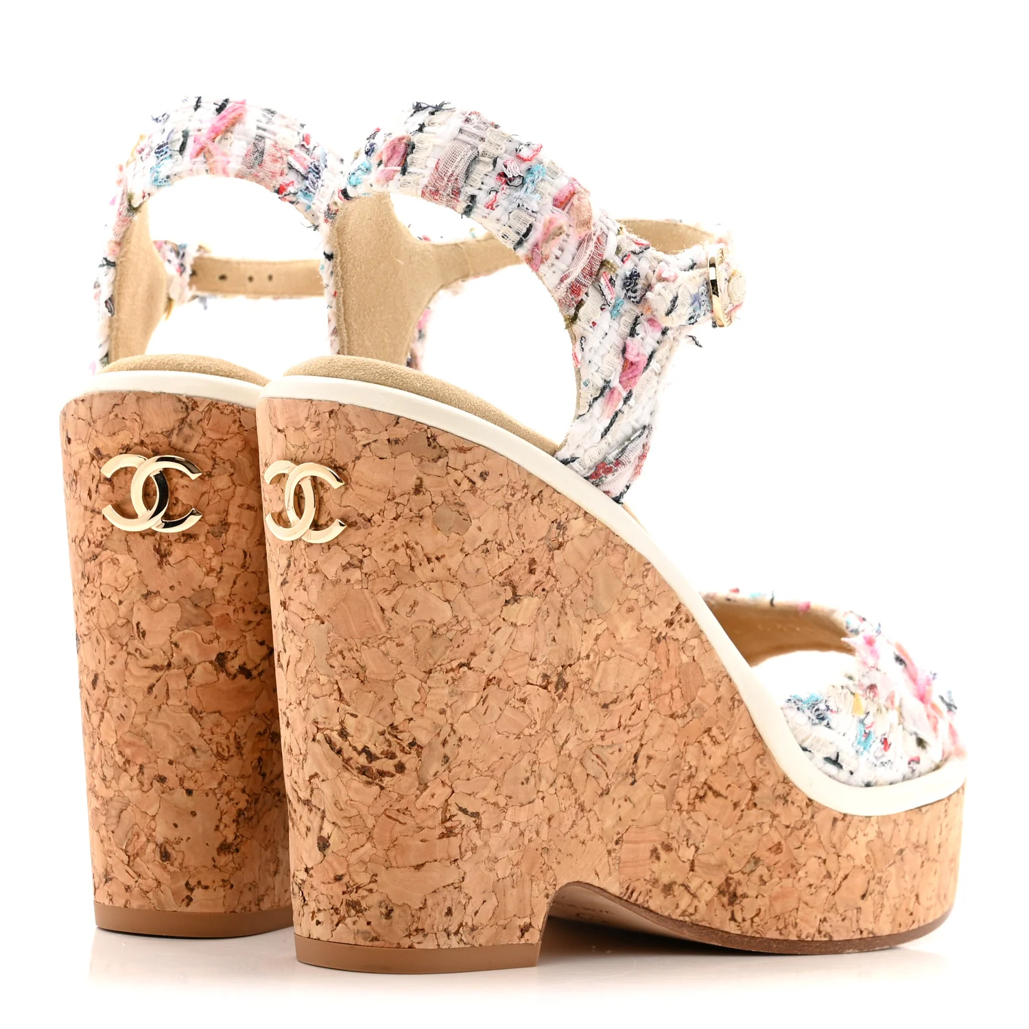Tweed Cork CC Wedge Sandals 37 Ecru Pink Blue Green - Top Club