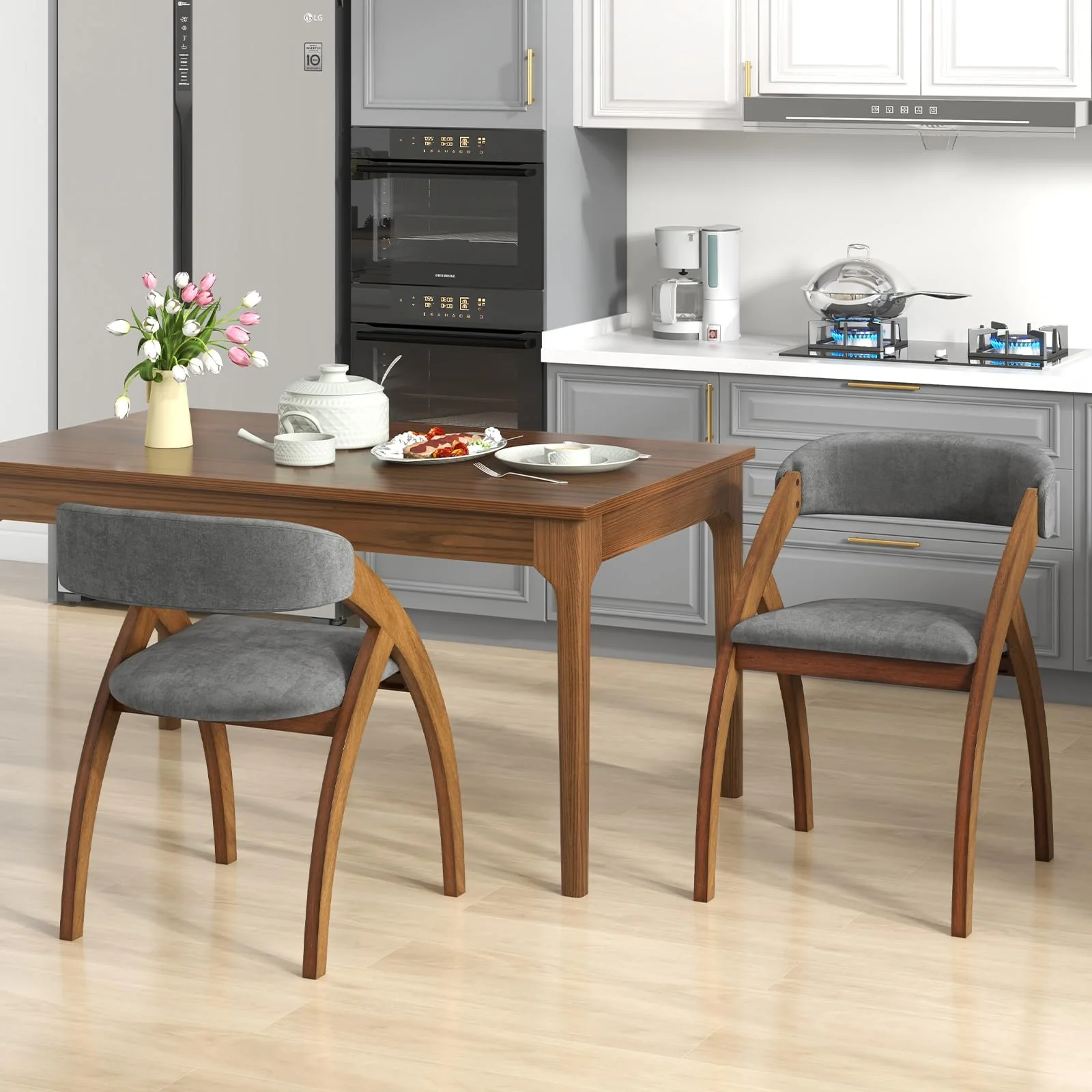BEFOUNDLOVELY Wooden Dining Chairs Set of 2/4, Upholstered Kitchen Chairs w/Arched Rubber Wood Legs, Padded Cushion & Curved Back