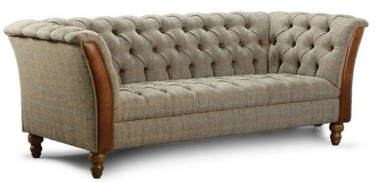 Luxury Chesterfield 3-seater sofa gray / brown 213 x 87 x H. 77 cm - living room sofa with real leather - Chesterfield living room furniture