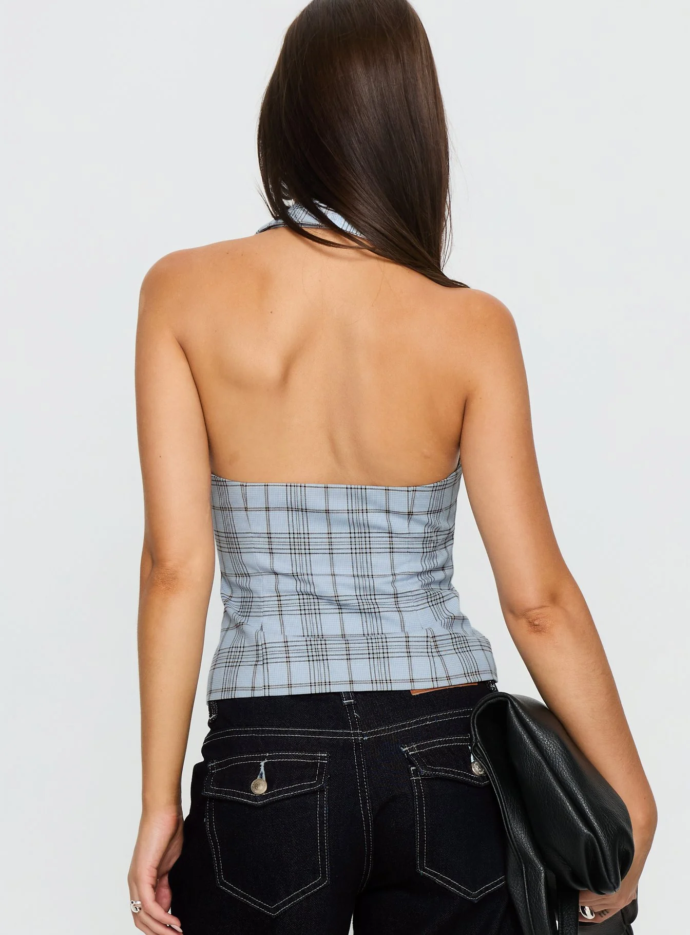Lure Button Up Sleeveless Top Baby Blue Plaid