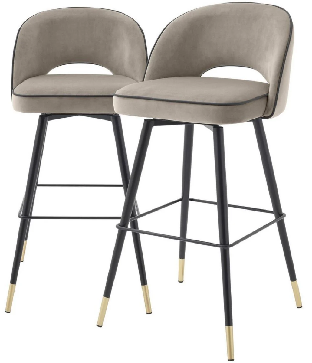Luxury bar chair set greige / black / brass 51 x 52 x H. 103 cm - bar chairs with swivel seat and elegant velvet fabric - luxury bar furniture