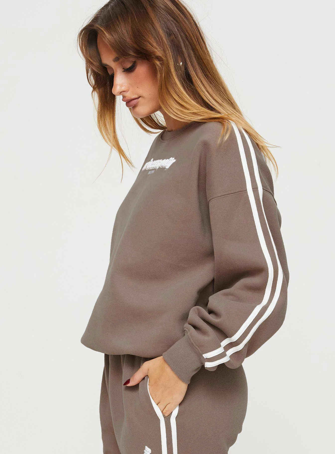 Princess Polly Crew Neck Sweatshirt Stripe Taupe / White