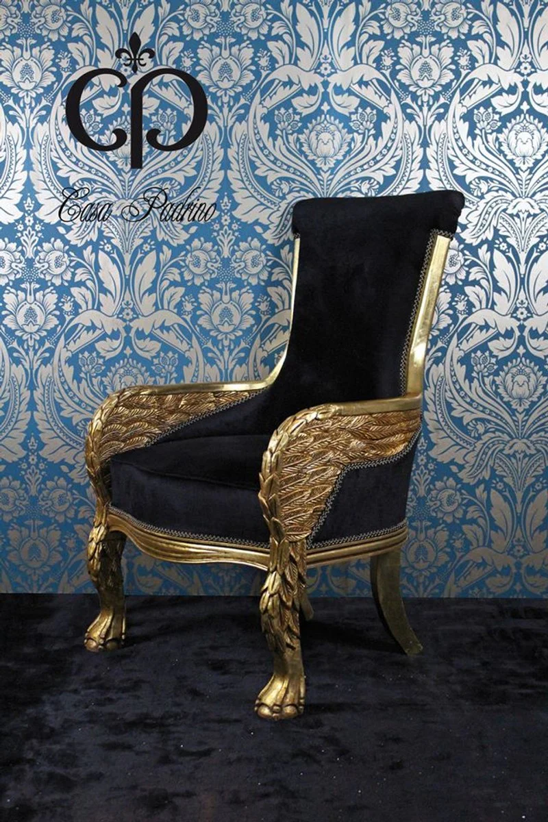 Baroque Lounge Chair Eagle Feather Black / Gold Furniture Antique Style - Living Room Club Furniture Armchair Throne