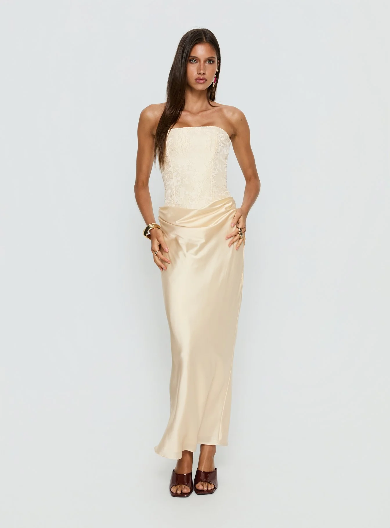Jenevieve Strapless Drape Maxi Dress Lemon