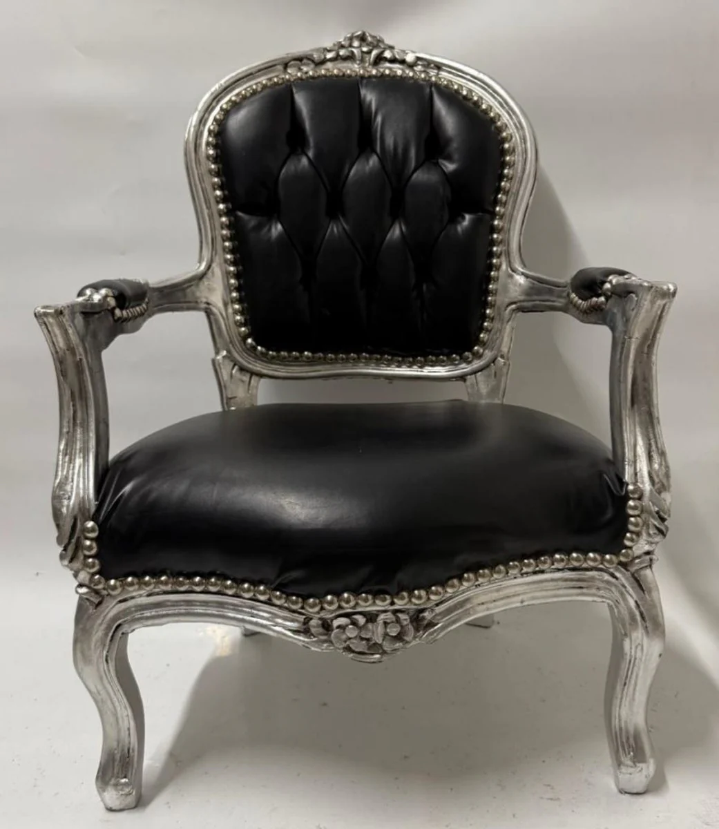 Baroque faux leather children's chair with armrests black / silver - Baroque children's furniture