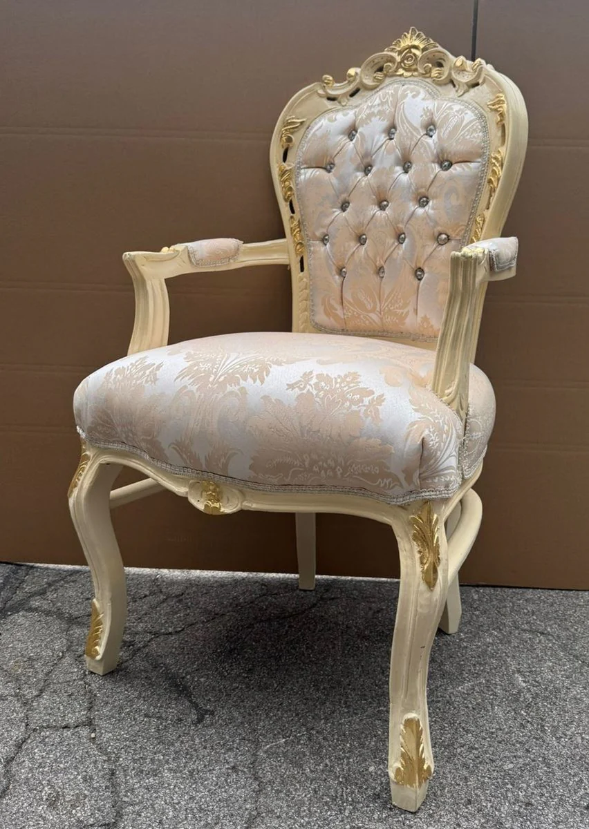 Baroque dining room chair with armrests and rhinestones silver / cream / gold