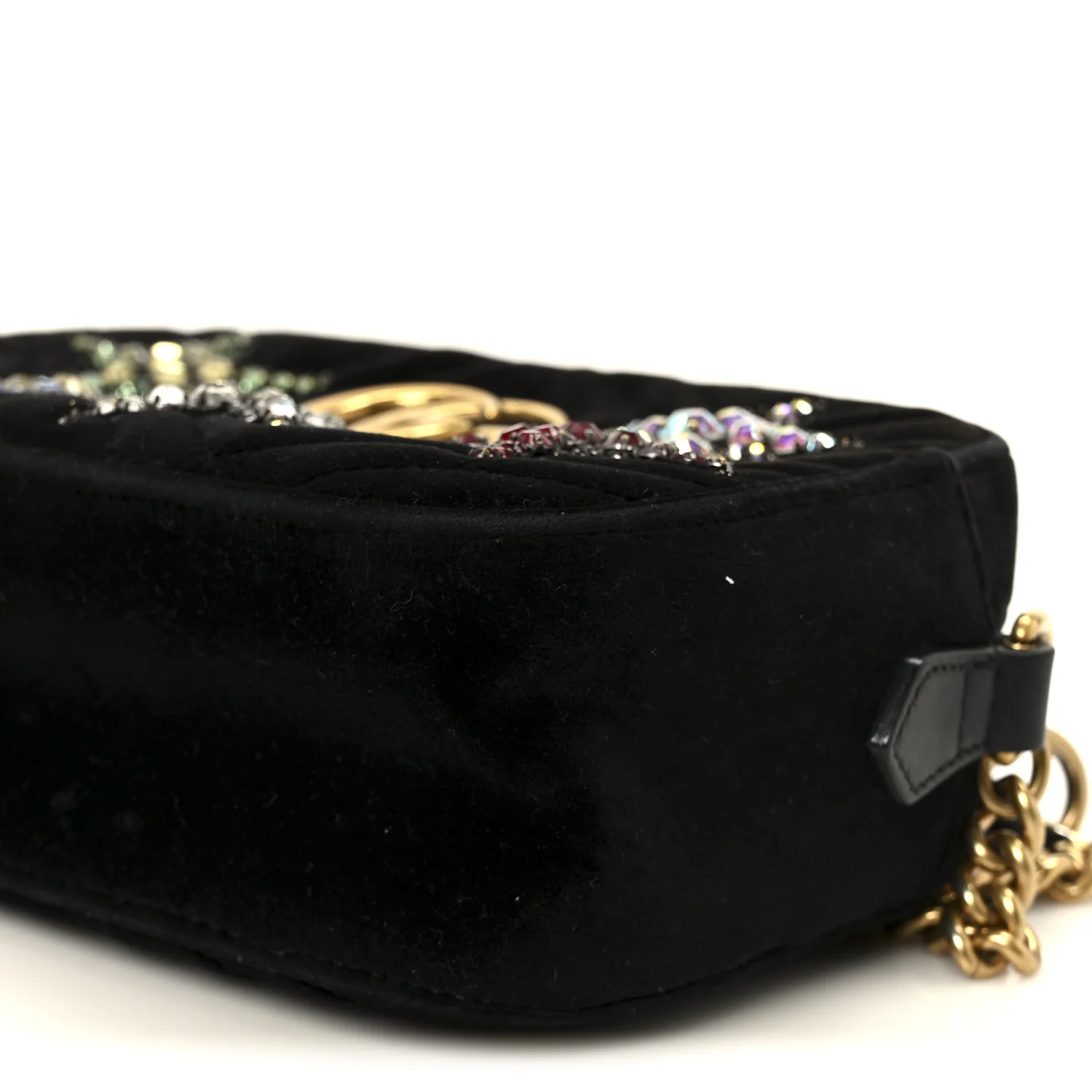 Velvet Matelasse Crystal Star Embroidered Small GG Marmont Chain Shoulder Bag Black - Top Club