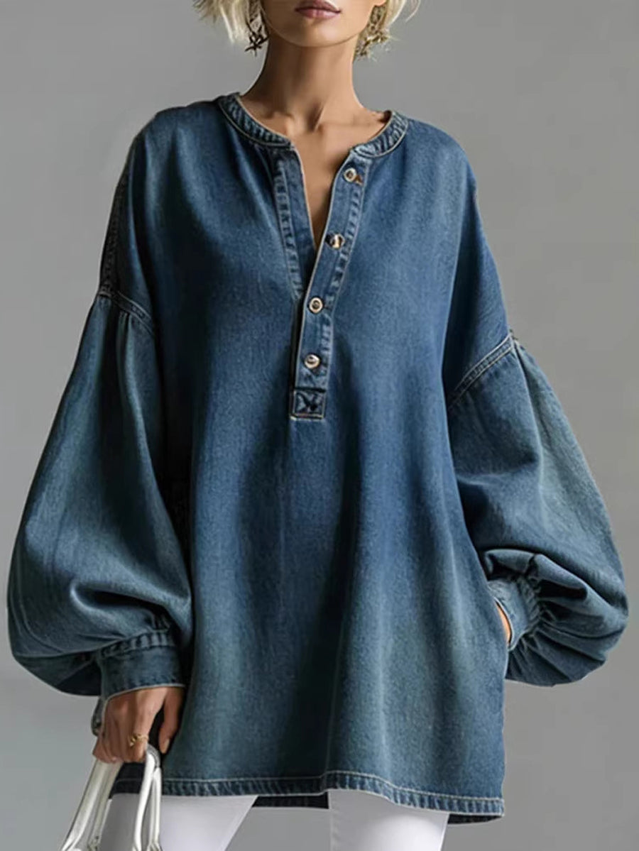 Long Sleeves Loose Buttoned Split-Joint Round-Neck Blouses&Shirts Tops - Nordfashionstorm - Women's Clothing, Fashion for You - Nordfashionstorm.com