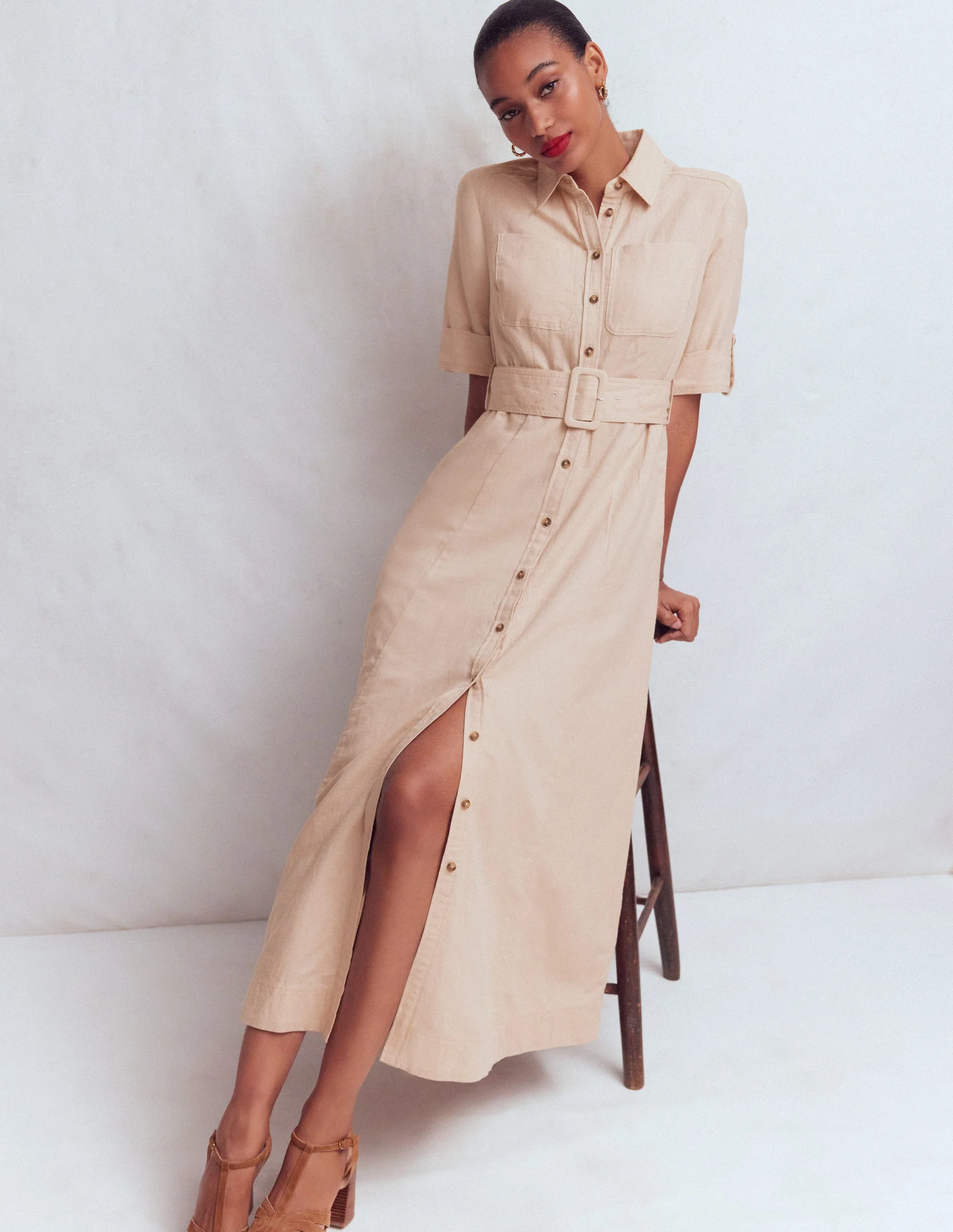 Ora Hemdblusenkleid aus Leinenmischgewebe-Kaffee