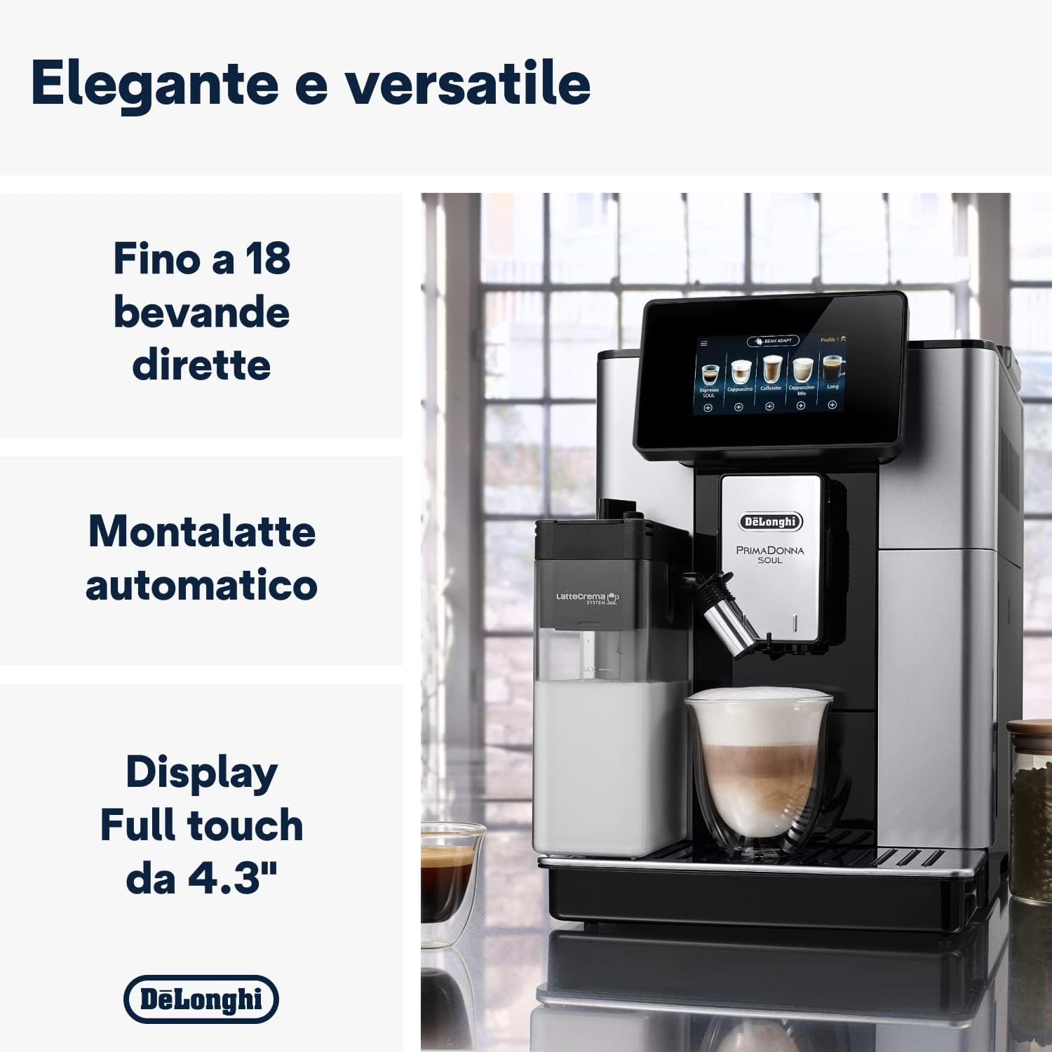 ECAM612.55.SB PrimaDonna Soul Macchina Automatica per Caffè in Chicchi, 1450 W, 2 Cups, LatteCrema System, Bean Adapt Technology, Acciaio e Plastica, Silver, Black,Esclusiva Amazon