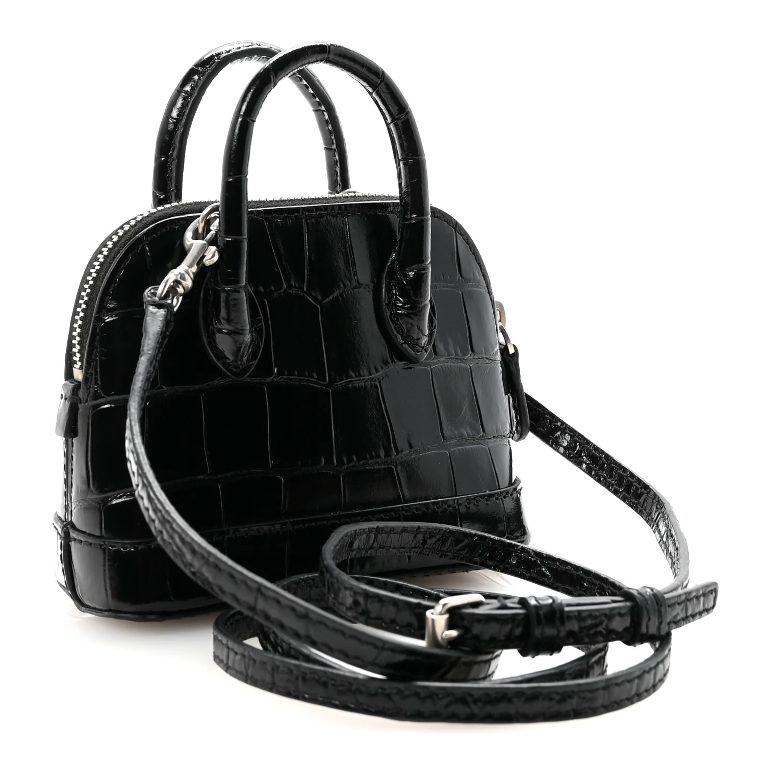 Shiny Calfskin Logo Crocodile Embossed Mini Ville Top Handle Bag Black - Top Club