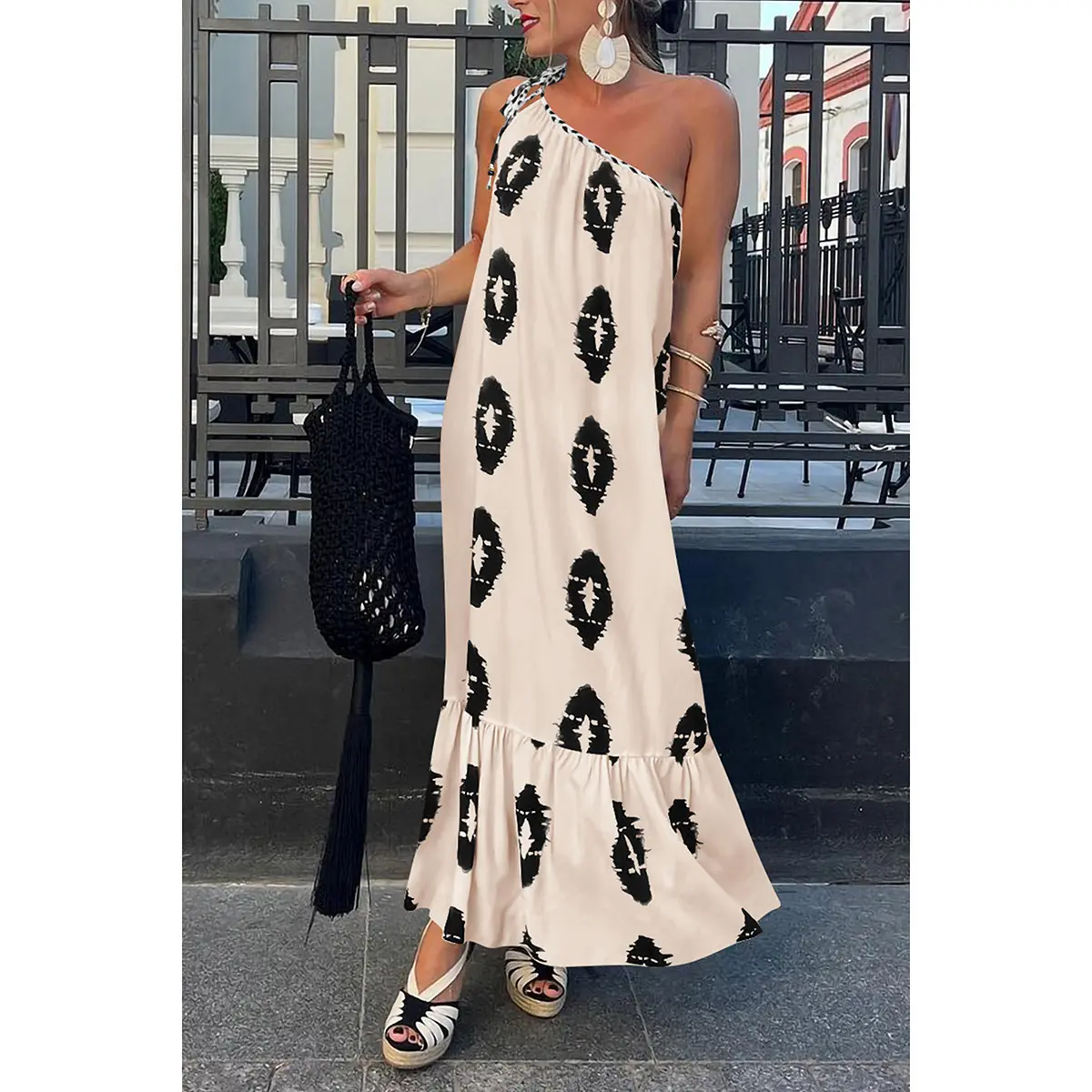 PrettyGarden Women's One Shoulder Spaghetti Strap Printed A Line Flowy Boho Maxi Long Sundress