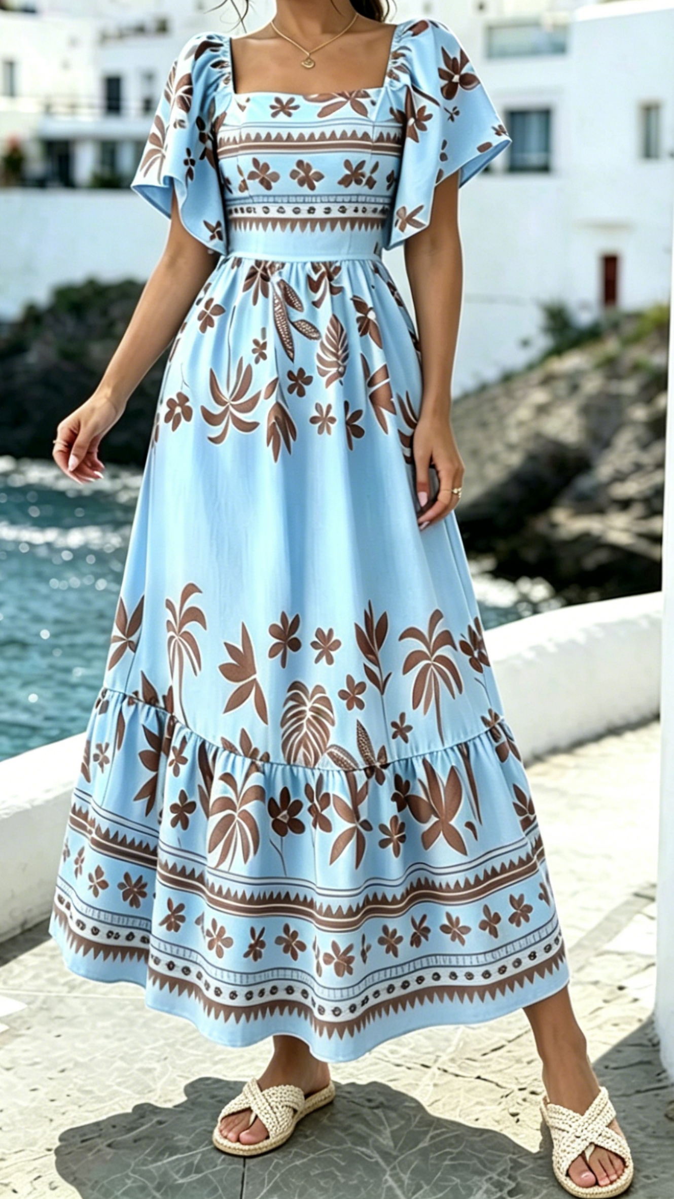Women's Printed Dress with Square Neckline and Flutter Sleeves - Nordfashionstorm - Women's Clothing, Fashion for You - Nordfashionstorm.com