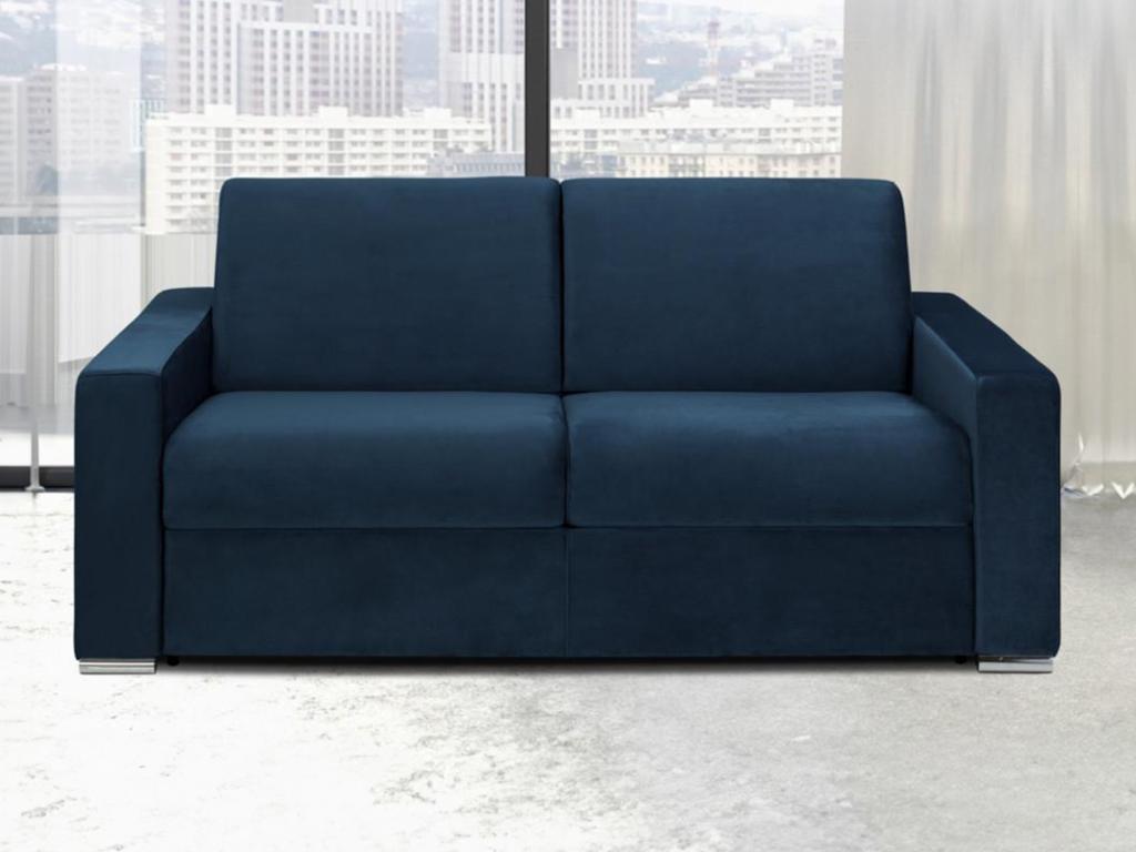 Sofá cama de 3 plazas tipo italiano de terciopelo CALITO - Azul noche - Cama de 140 cm - Colchón de 22 cm con memoria de forma