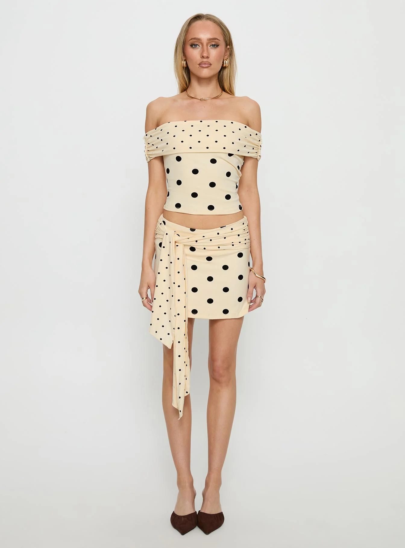 Aneira Off Shoulder Top Cream Polka Dot