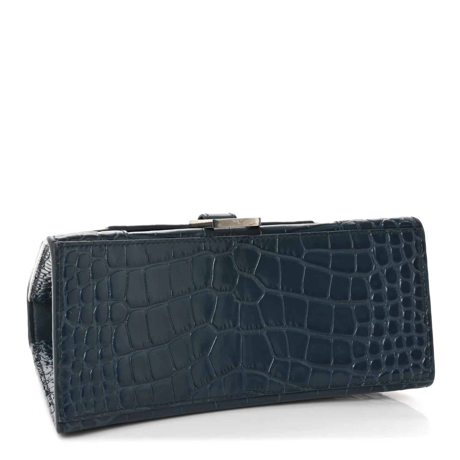 Shiny Calfskin Crocodile Embossed Small Hourglass Top Handle Bag Dark Petrol Blue - Top Club