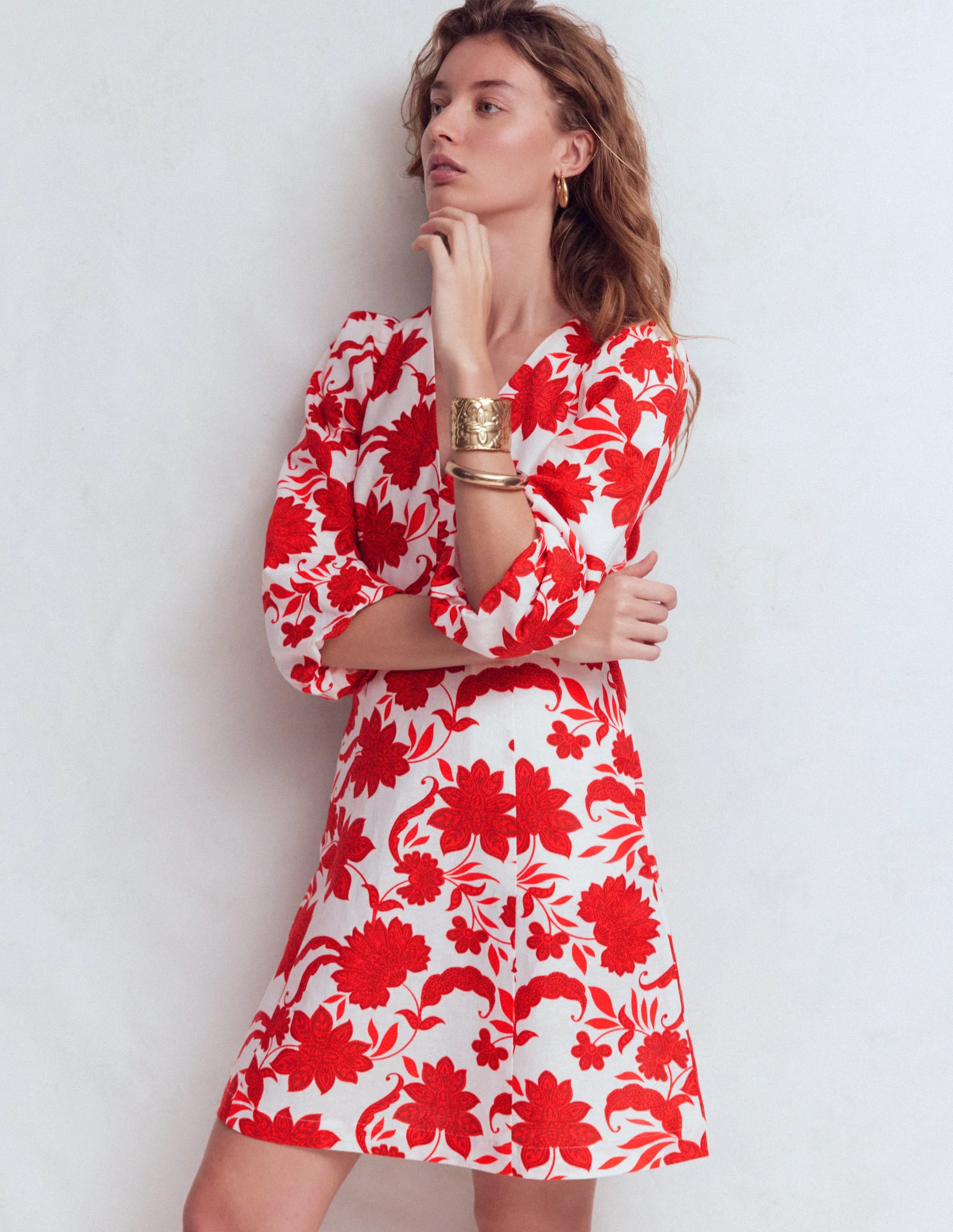 Marla Kurzes Kleid aus Leinenmischgewebe-Rot Elegante Blüten