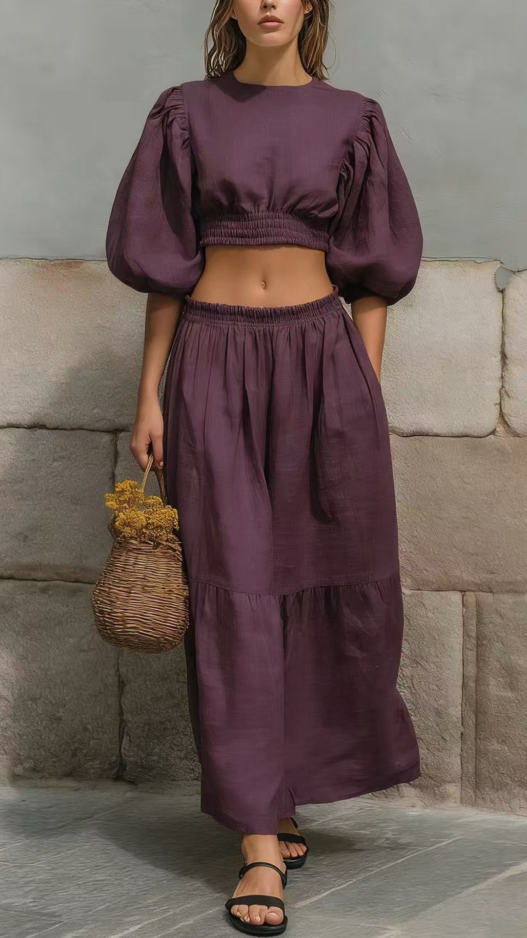 Women's Cotton-Blend Puff-Sleeve Crop Top & Skirt Set - Nordfashionstorm - Women's Clothing, Fashion for You - Nordfashionstorm.com