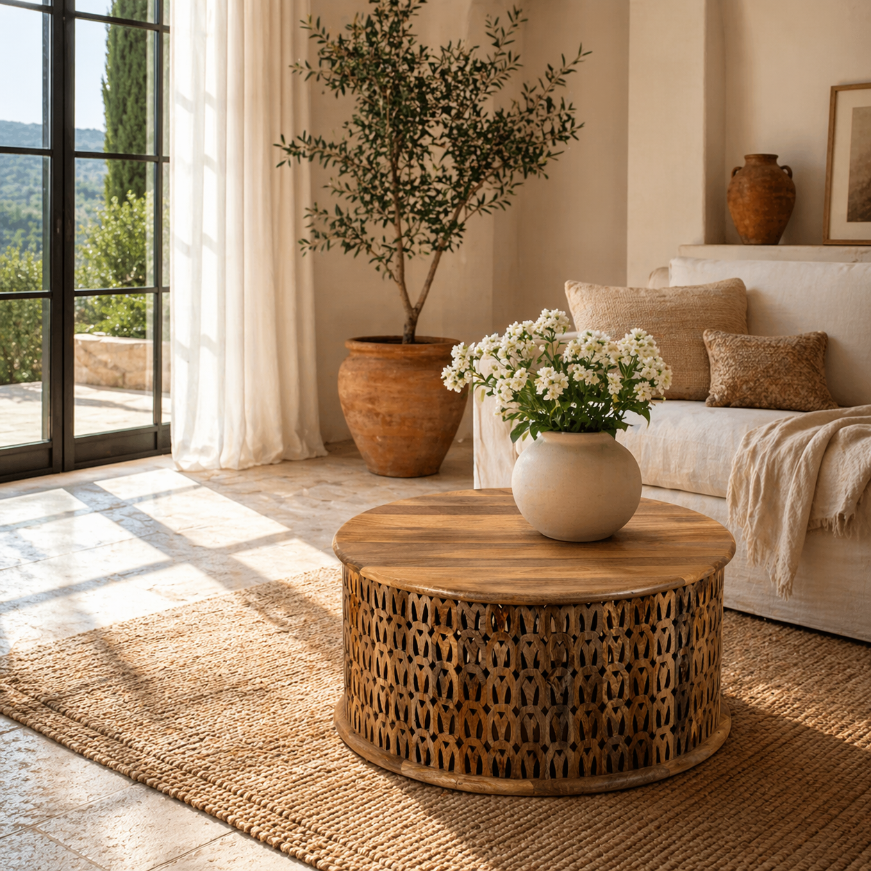 Aindri - Handgesneden Mangohouten Salontafel 90cm