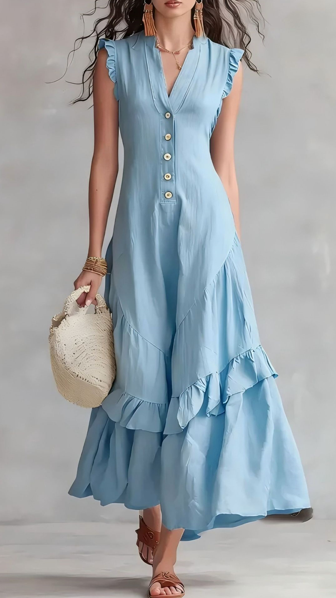 Women's Cotton-Blend Light Blue V-Neck Ruffle Sleeveless Dress - Nordfashionstorm - Women's Clothing, Fashion for You - Nordfashionstorm.com