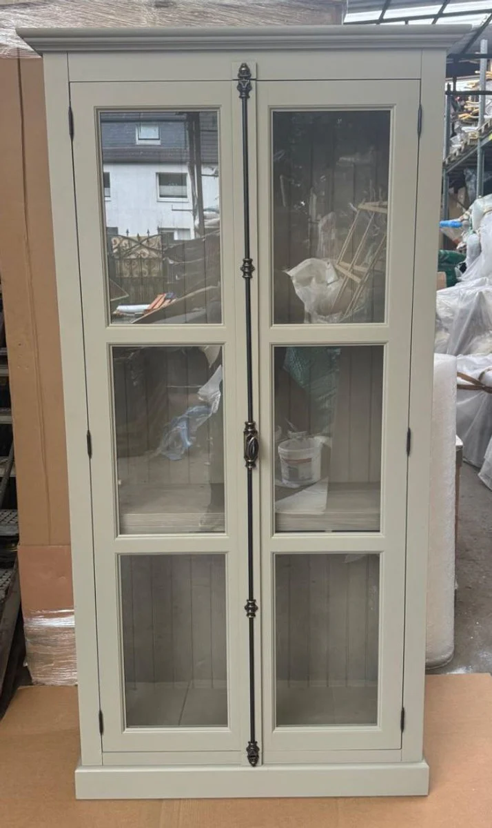 Country house style solid wood display cabinet with 2 glass doors gray 110 x 40 x H. 210 cm