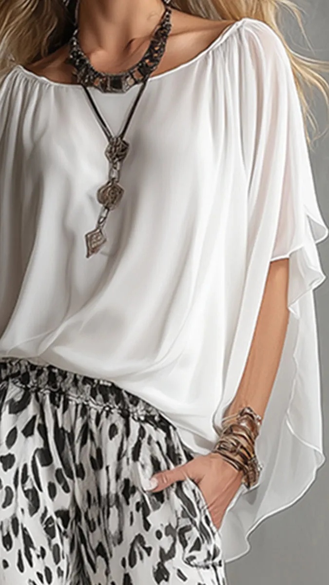 Women's Fashion Two-Piece Set: White T-Shirt & Leopard Print Chiffon Pants - Nordfashionstorm - Women's Clothing, Fashion for You - Nordfashionstorm.com