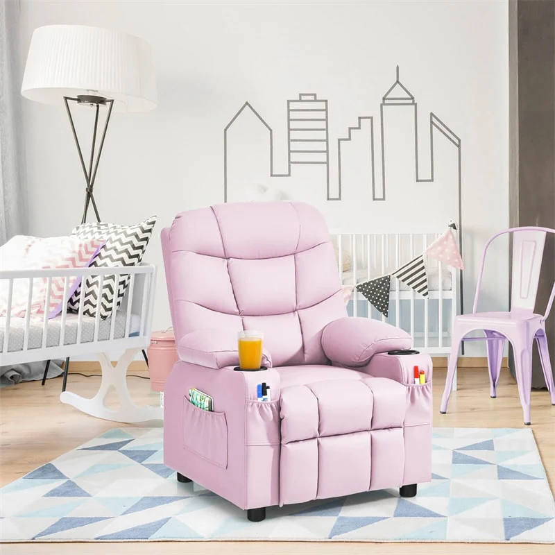 Kids Recliner Chair PU Leather Adjustable Lounge Sofa with Cup Holder, 3 Pockets & Retractable Footrest, Ergonomic Toddler Furniture Sofa