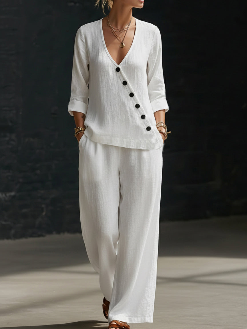 Minimalist V-neck Shirt And Wide-leg Pants Two-piece Set - Nordfashionstorm - Women's Clothing, Fashion for You - Nordfashionstorm.com