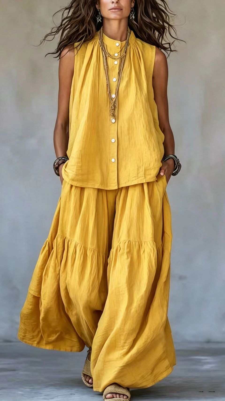 Women's Two-Piece Set: Stand-Collar, Sleeveless Top with Front Placket & Wide-Leg Pants - Nordfashionstorm - Women's Clothing, Fashion for You - Nordfashionstorm.com