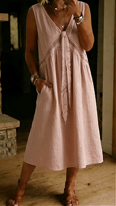 Women's Cotton‑blend V‑neck Lace Hollow Tie‑detail Sleeveless Midi Dress - Nordfashionstorm - Women's Clothing, Fashion for You - Nordfashionstorm.com
