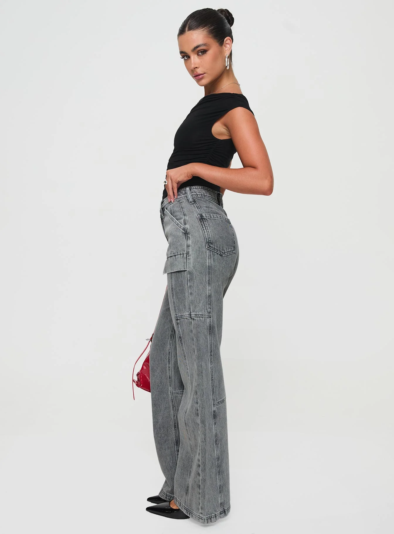 Chad High Rise Flared Cargo Jeans Washed Grey