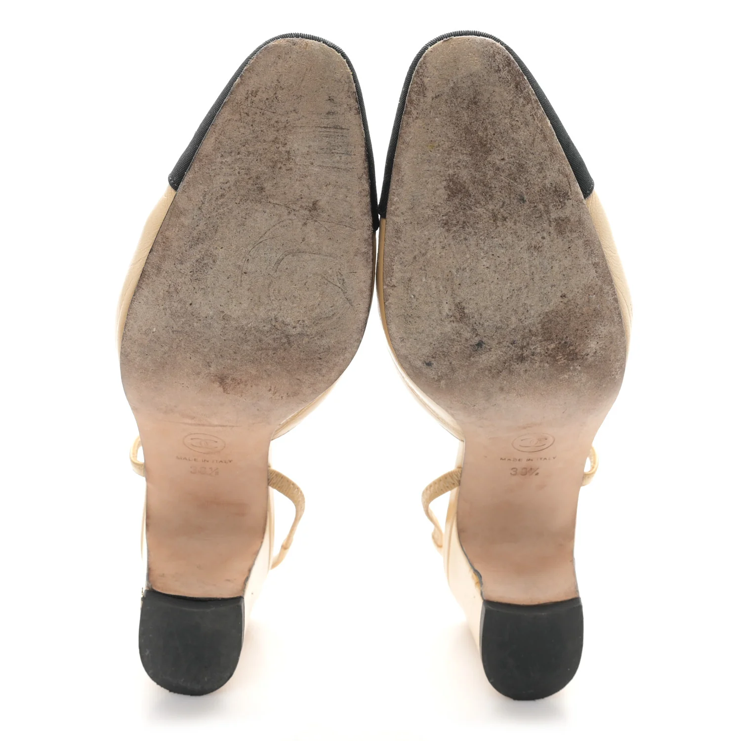 Goatskin Grosgrain Cap Toe CC Slingback Pumps 38.5 Beige Black - Top Club