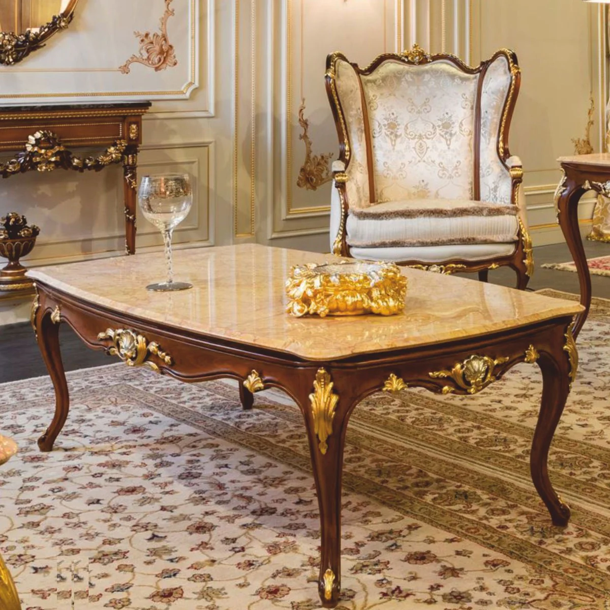 Luxury baroque coffee table beige / dark brown / gold 146 cm - Made in Italy