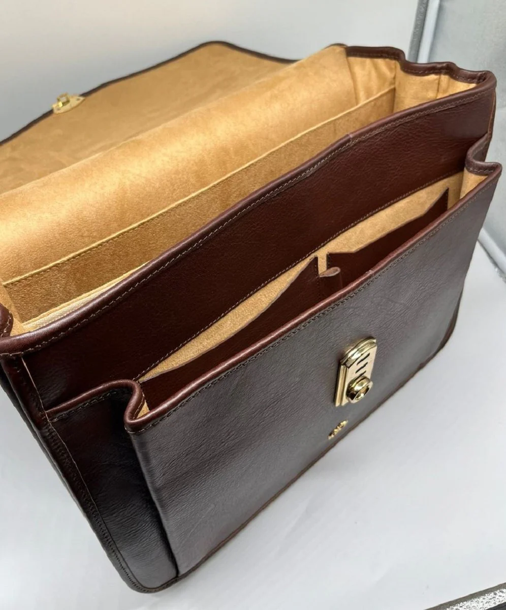 Luxury genuine leather men's briefcase dark brown / gold 42 cm - Made in Italy