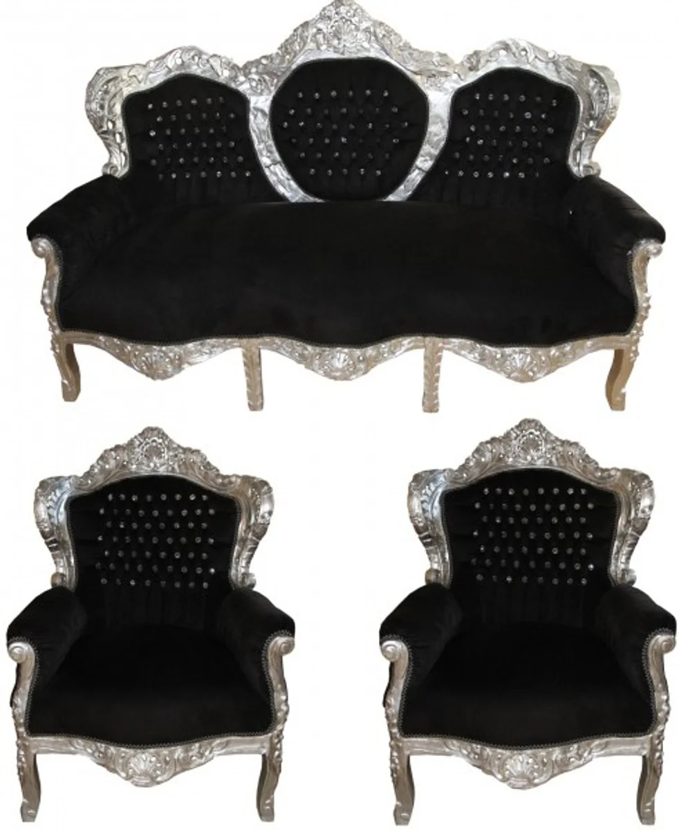 Baroque living room set King black / silver with bling bling glitter stones - 3-seater sofa + 2 armchairs