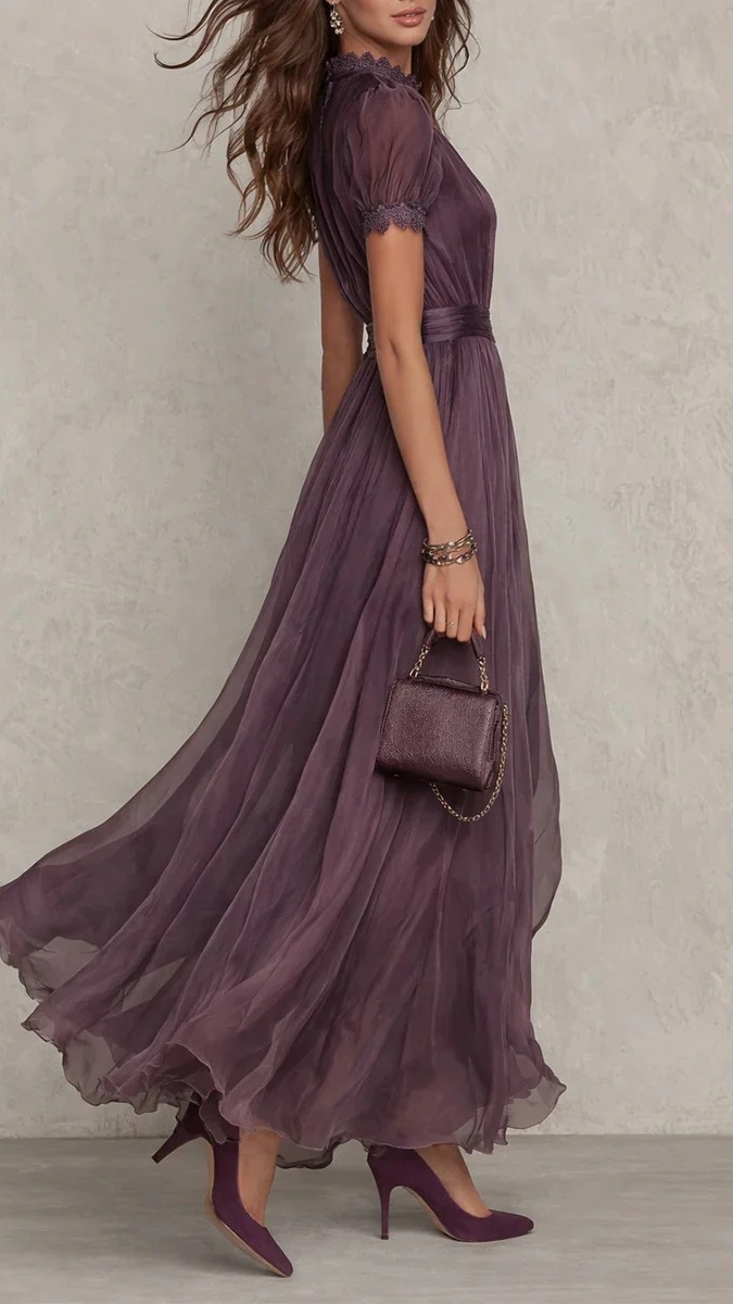Women's High-Neck, Lace-Paneled, Flowy Chiffon Dress - Nordfashionstorm - Women's Clothing, Fashion for You - Nordfashionstorm.com