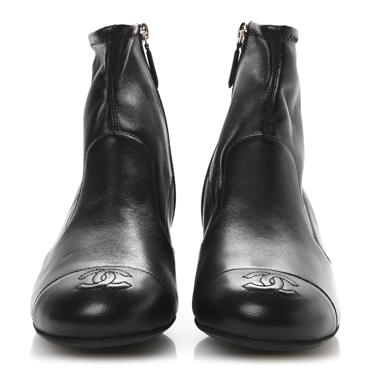 Stretch Lambskin Cap Toe CC Uniform Short Boots 36.5 Black - Top Club