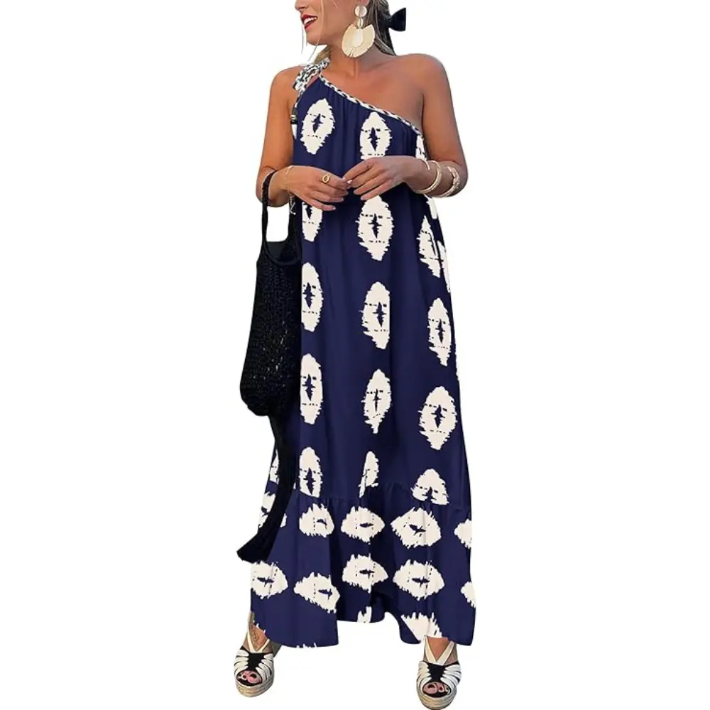 PrettyGarden Women's One Shoulder Spaghetti Strap Printed A Line Flowy Boho Maxi Long Sundress