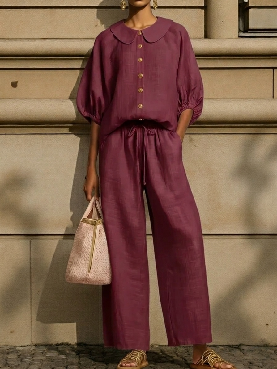 Plus Size Friendly New Arrivals🔥Stylish Peter Pan Collar Shirt And Wide-leg Pant Linen Two-piece Set - Nordfashionstorm - Women's Clothing, Fashion for You - Nordfashionstorm.com