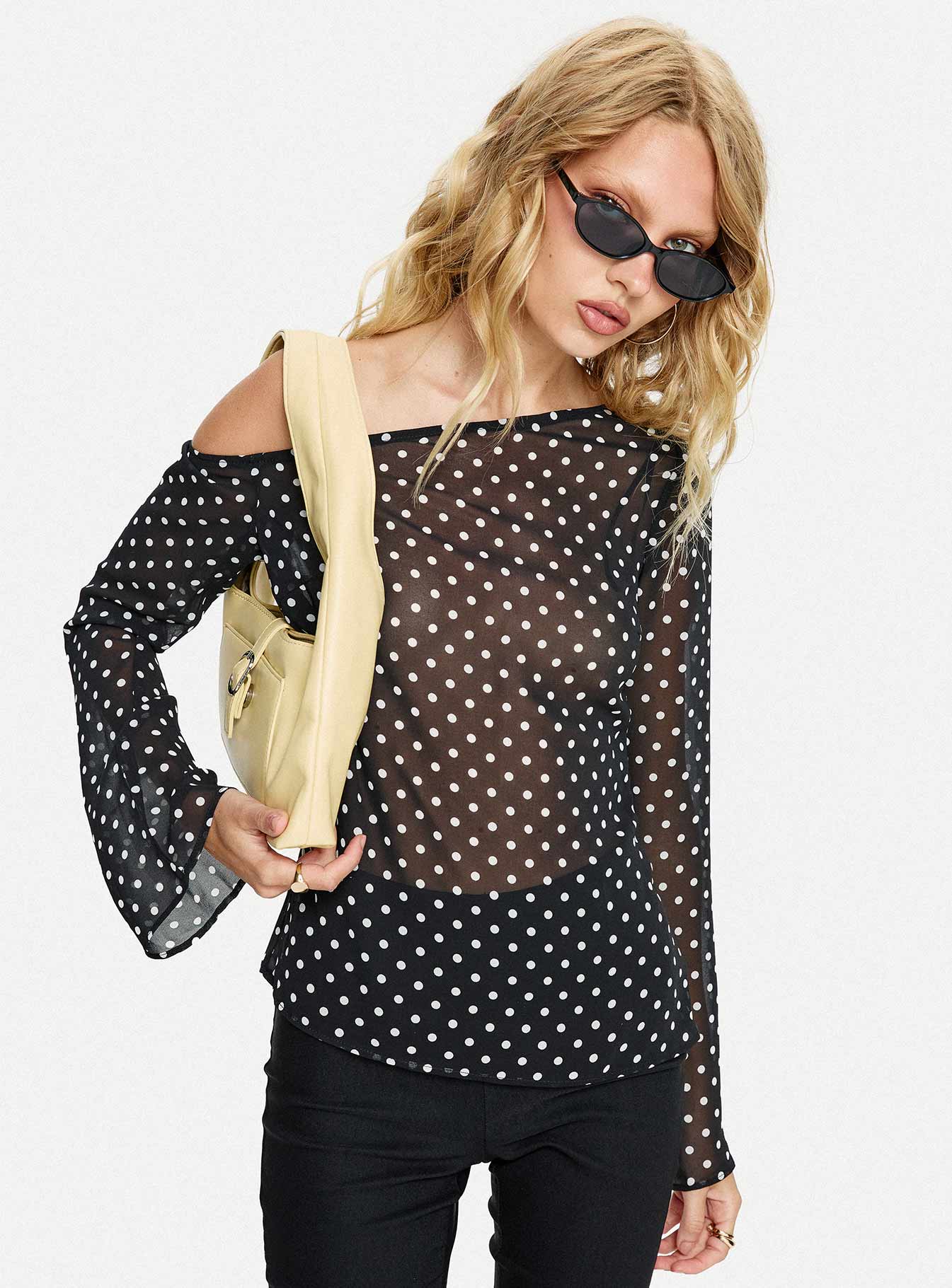 Shiona Sheer One Shoulder Long Sleeve Top Black Polka