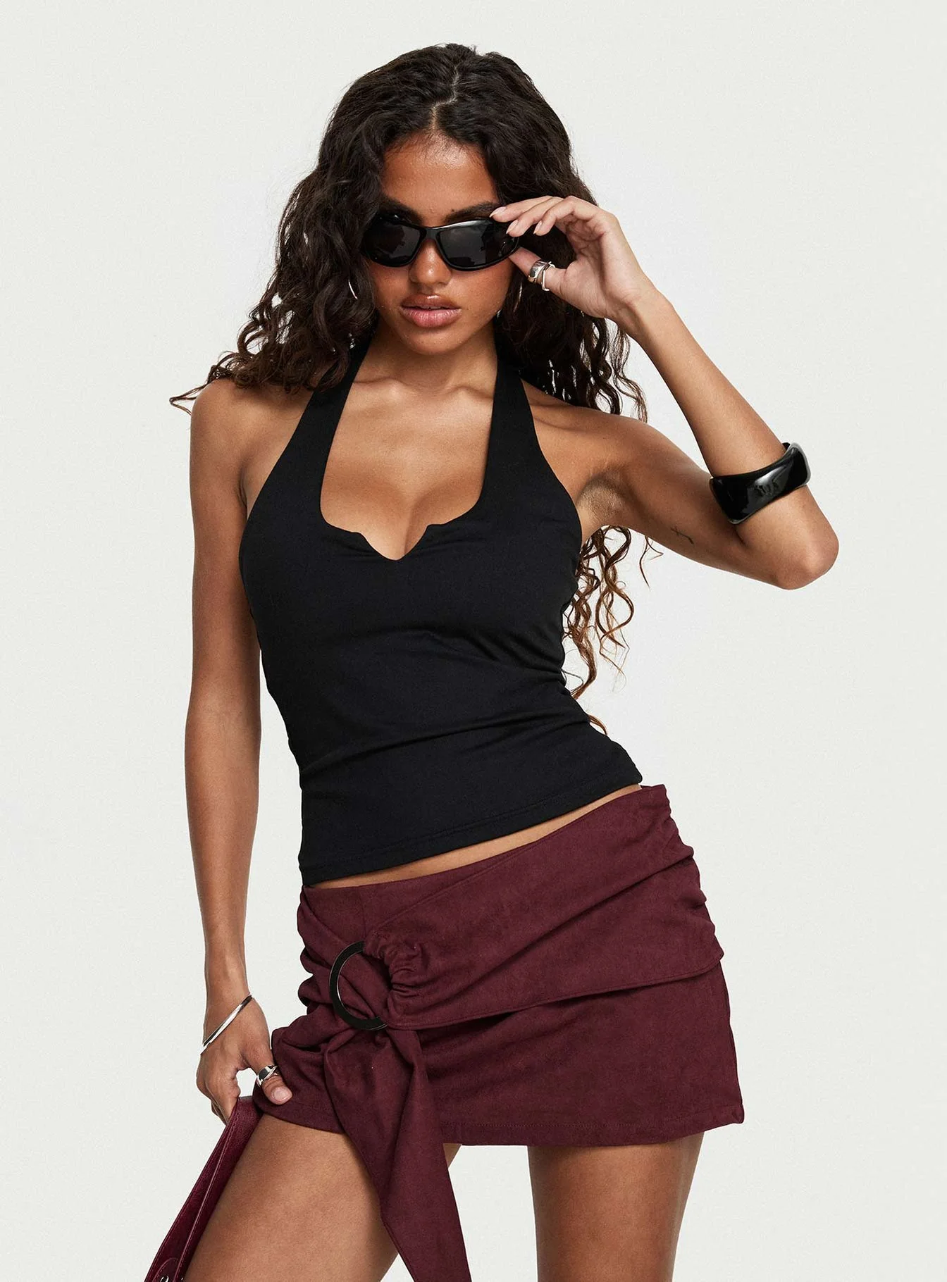 Lowretta Faux Suede Belt Mini Skirt Burgundy