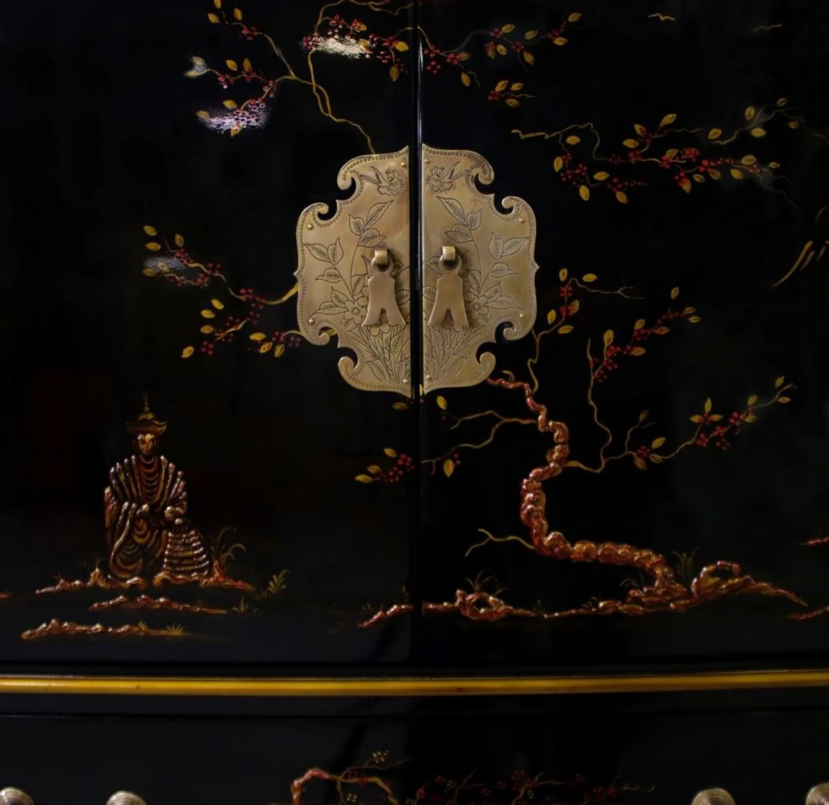 Luxury baroque cabinet with 11 drawers black / gold - living room cabinet in Chinese style - office cabinet - luxury furniture in baroque style - baroque furniture - baroque furnishings