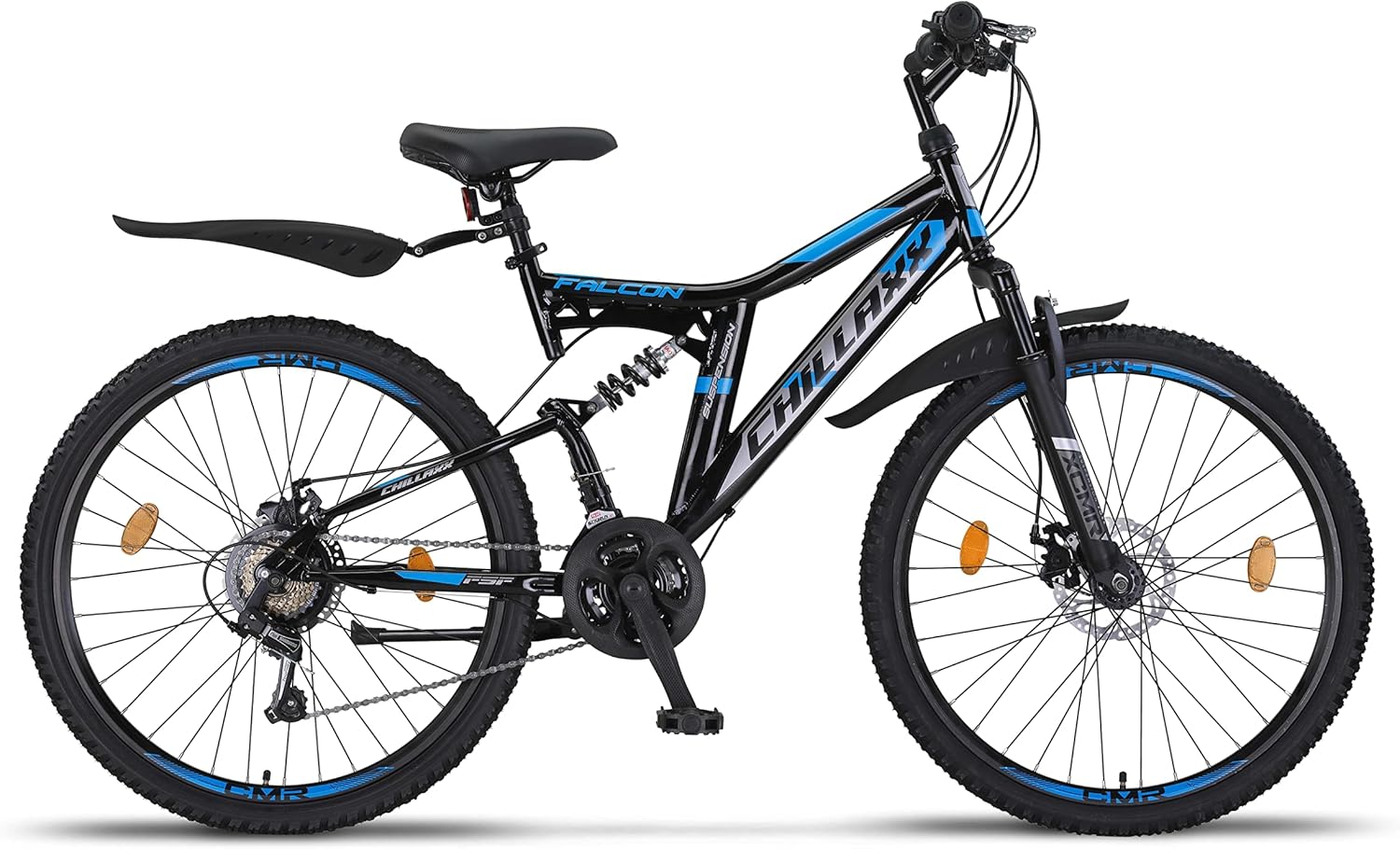 Chillaxx Bike Falcon Premium Mountain Bike da 24,26,27.5 e 29 pollici, bicicletta per ragazzi, ragazze, uomini e donne, freni a disco, cambio a 21 marce, sospensione completa