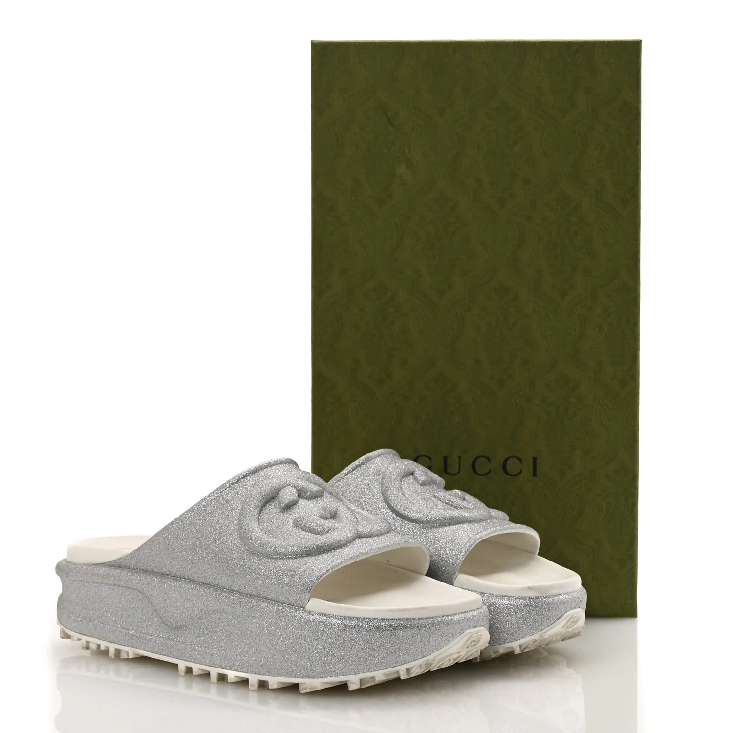 Glitter Rubber Womens Interlocking G Platform 42mm Slide Sandals 40 Silver - Top Club
